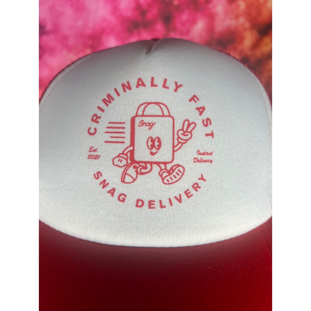 Snag Delivery Criminally Fast Red White Trucker Hat Snapback Mesh Cap Est 2021